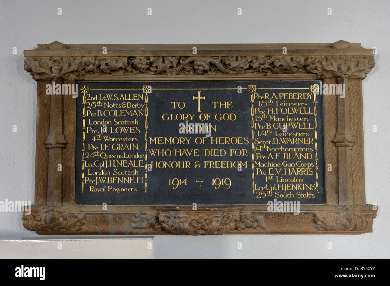 War memorial in St. Cuthbert`s Church, Great Glen, Leicestershire, England, UK Stock Photo